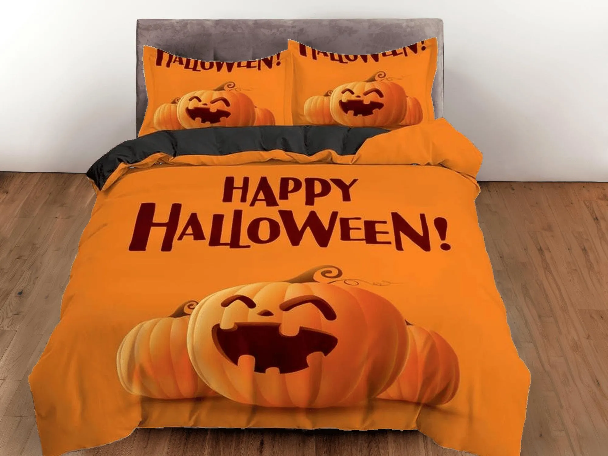 Cute smiling pumpkin happy halloween bedding & pillowcase, gothic duvet cover, dorm bedding, goth decor toddler bedding, halloween gift