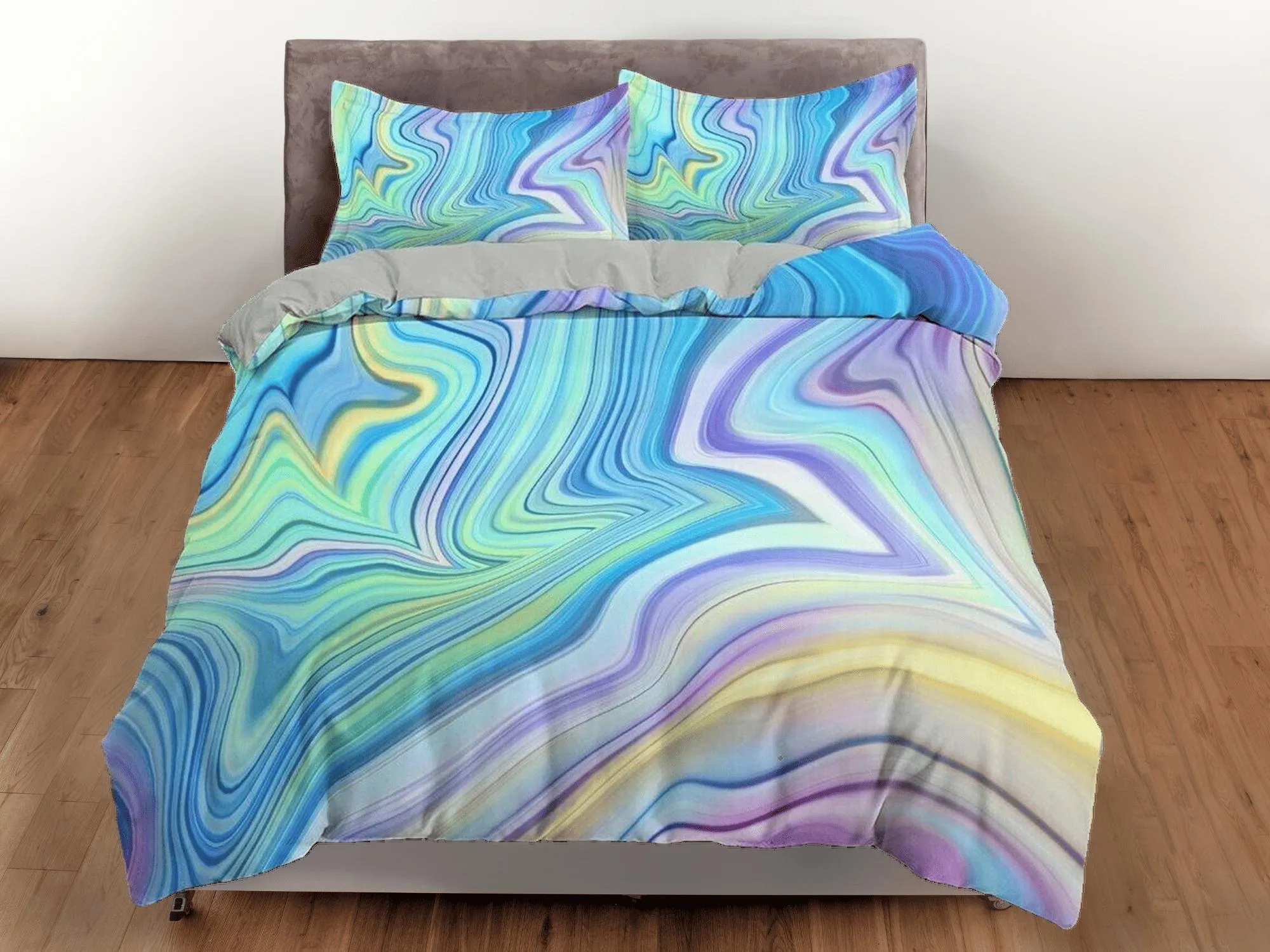 Cyan blue purple yellow contemporary bedroom set aesthetic duvet cover, marble abstract art room decor boho chic bedding set full king queen