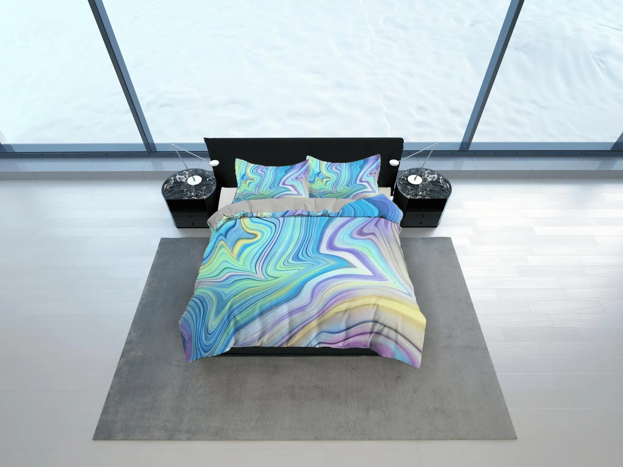 Cyan blue purple yellow contemporary bedroom set aesthetic duvet cover, marble abstract art room decor boho chic bedding set full king queen