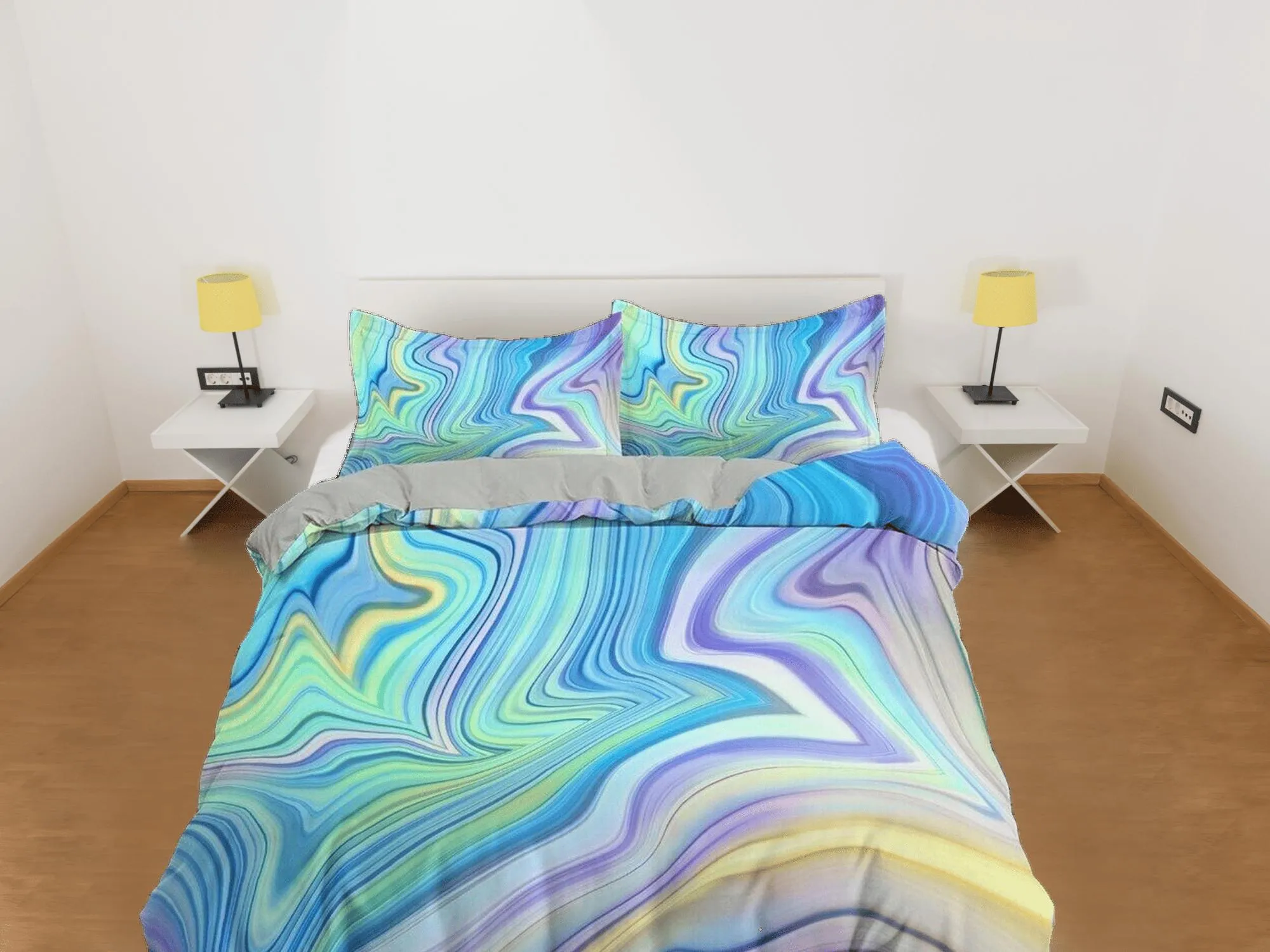 Cyan blue purple yellow contemporary bedroom set aesthetic duvet cover, marble abstract art room decor boho chic bedding set full king queen