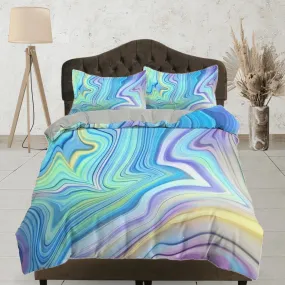 Cyan blue purple yellow contemporary bedroom set aesthetic duvet cover, marble abstract art room decor boho chic bedding set full king queen