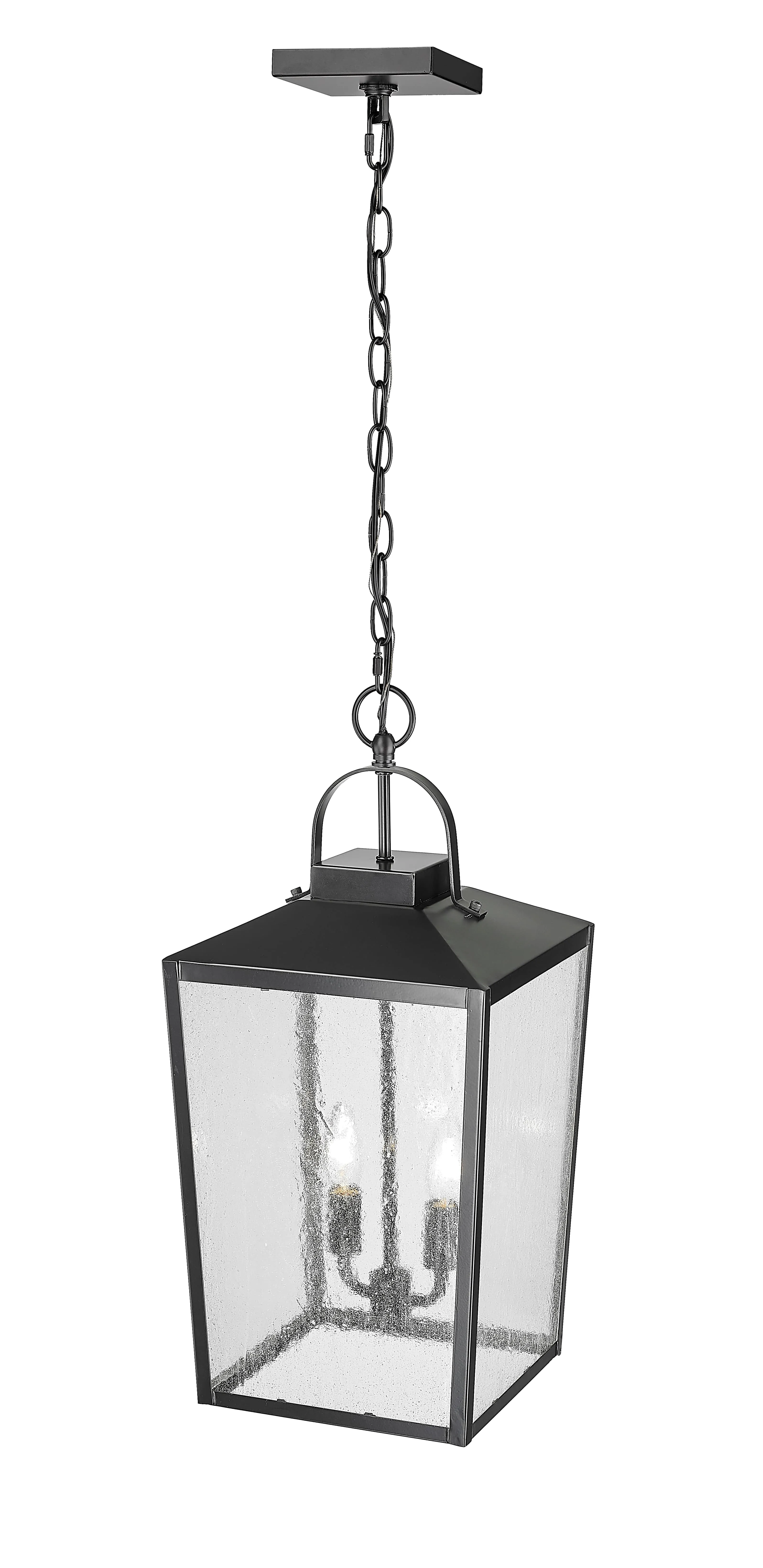 Devens Outdoor Hanging Lantern - Powder Coated Black - Clear Seeded Glass - 10in. Diameter - E12 Candelabra Base