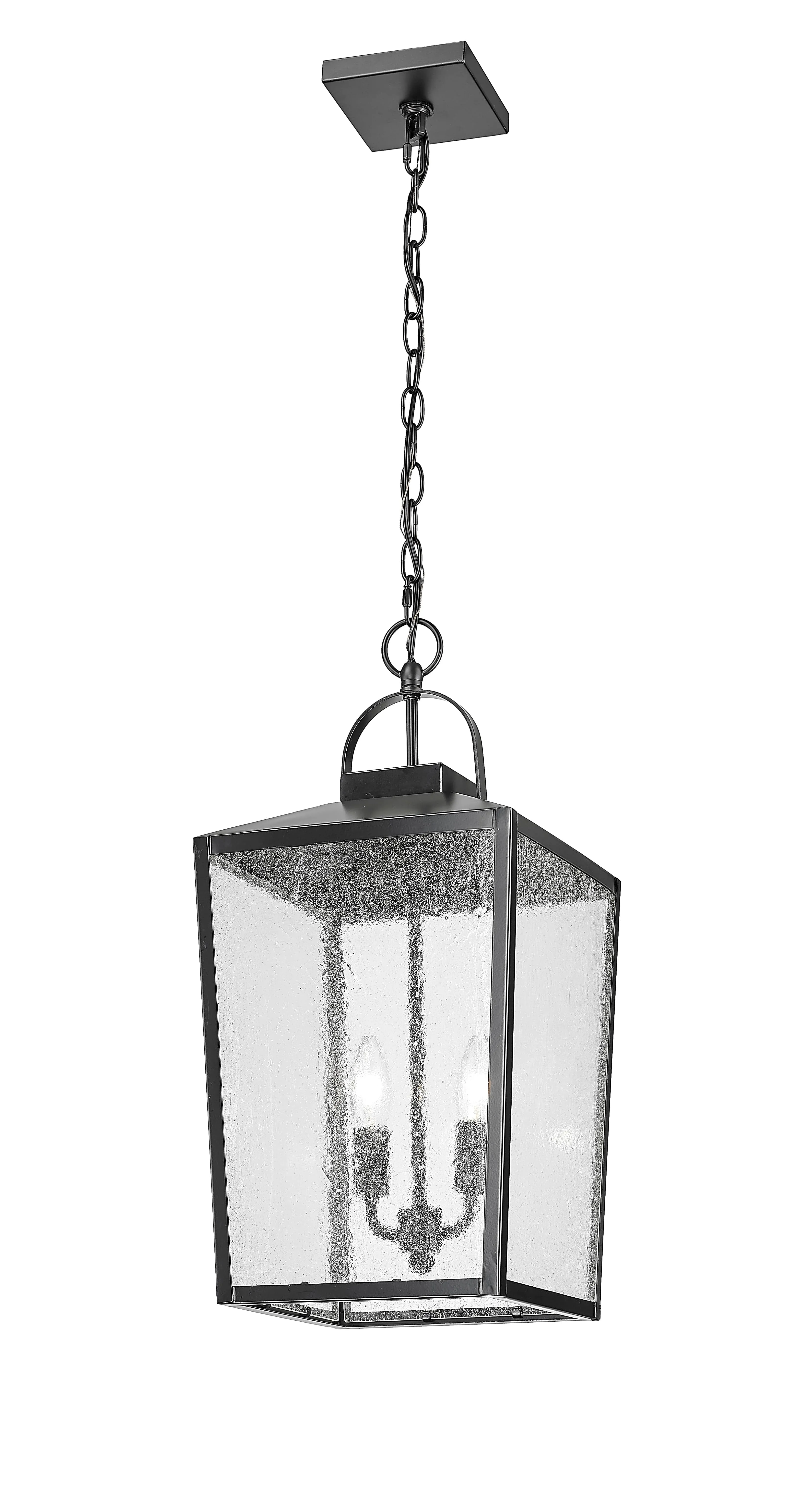 Devens Outdoor Hanging Lantern - Powder Coated Black - Clear Seeded Glass - 10in. Diameter - E12 Candelabra Base