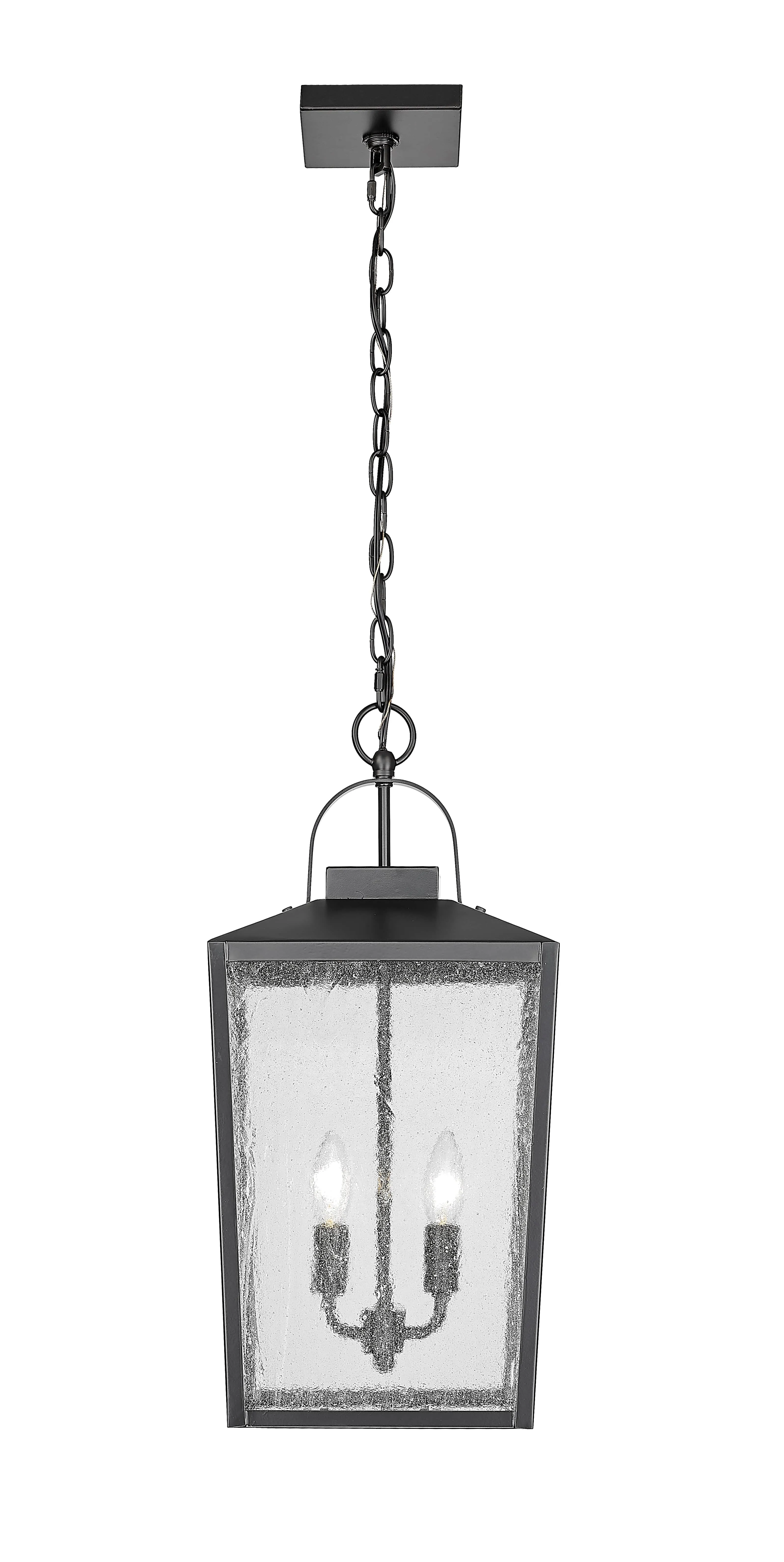 Devens Outdoor Hanging Lantern - Powder Coated Black - Clear Seeded Glass - 10in. Diameter - E12 Candelabra Base