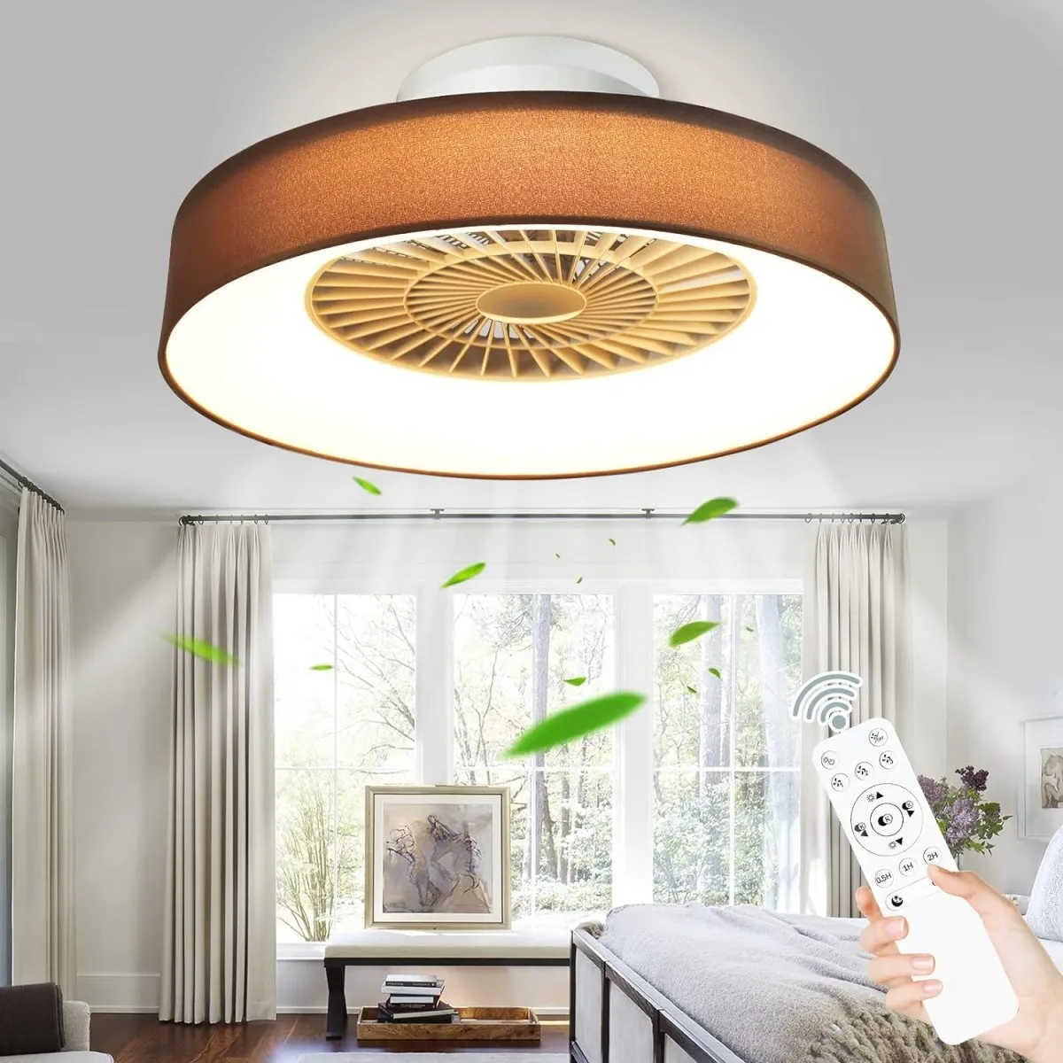 DLLT Low Profile Ceiling Fan with Light, 22'' / 18'' LED Dimmable Ceiling Fans with Lights and Remote, Modern Bladeless Enclosed Ceiling Fan Flush Mount with Reverse Motor for Bedroom Living Room, Brown