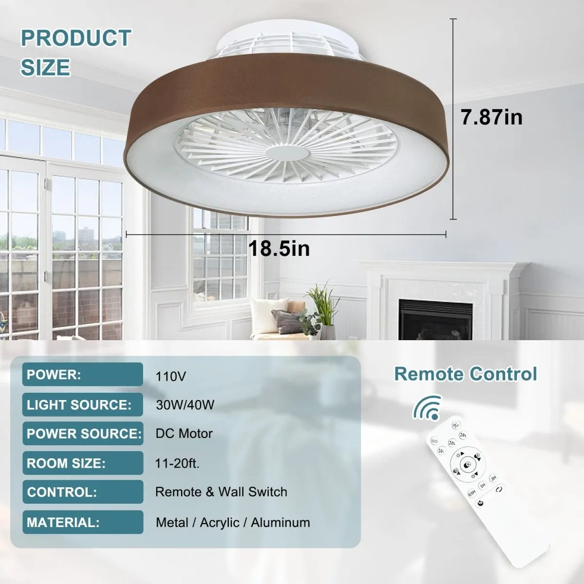 DLLT Low Profile Ceiling Fan with Light, 22'' / 18'' LED Dimmable Ceiling Fans with Lights and Remote, Modern Bladeless Enclosed Ceiling Fan Flush Mount with Reverse Motor for Bedroom Living Room, Brown