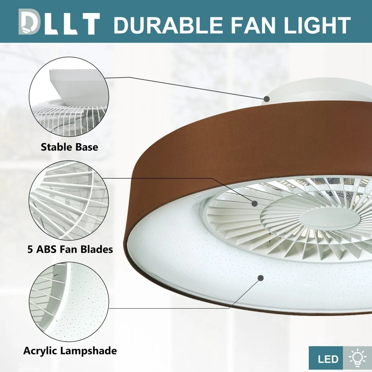 DLLT Low Profile Ceiling Fan with Light, 22'' / 18'' LED Dimmable Ceiling Fans with Lights and Remote, Modern Bladeless Enclosed Ceiling Fan Flush Mount with Reverse Motor for Bedroom Living Room, Brown