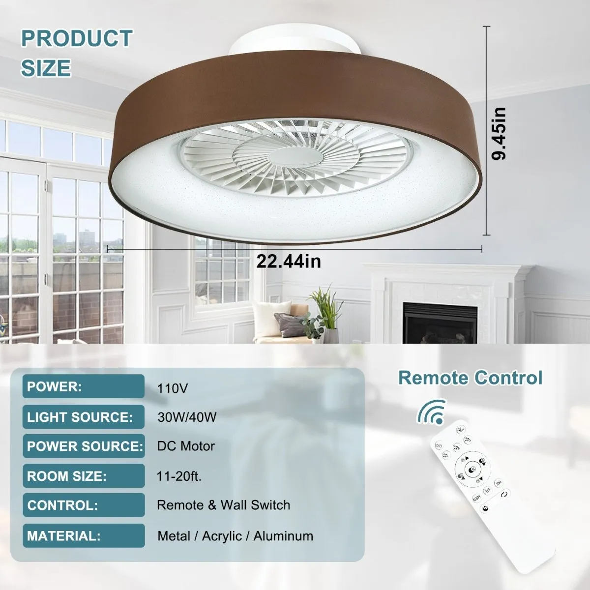 DLLT Low Profile Ceiling Fan with Light, 22'' / 18'' LED Dimmable Ceiling Fans with Lights and Remote, Modern Bladeless Enclosed Ceiling Fan Flush Mount with Reverse Motor for Bedroom Living Room, Brown