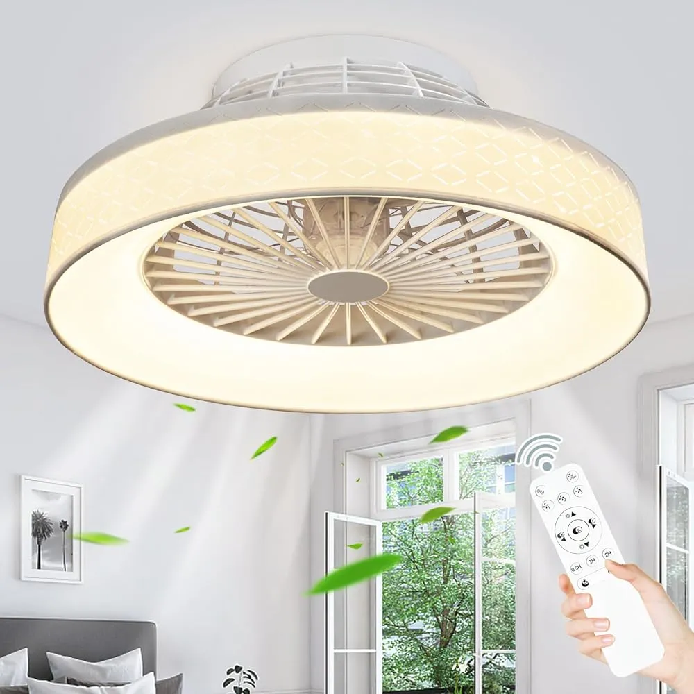 DLLT Low Profile Ceiling Fan with Light, 22'' / 18'' LED Dimmable Ceiling Fans with Lights and Remote, Modern Bladeless Enclosed Ceiling Fan Flush Mount with Reverse Motor for Bedroom Living Room, White Argyle