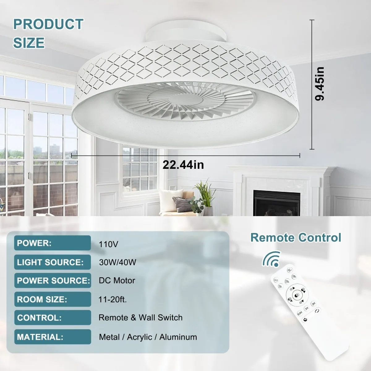 DLLT Low Profile Ceiling Fan with Light, 22'' / 18'' LED Dimmable Ceiling Fans with Lights and Remote, Modern Bladeless Enclosed Ceiling Fan Flush Mount with Reverse Motor for Bedroom Living Room, White Argyle