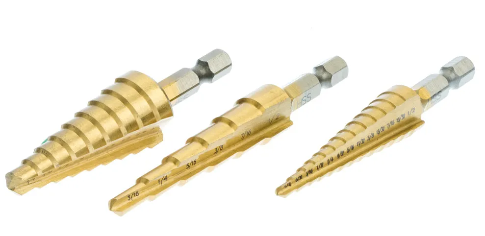 Drill Bits - 3Pc Titanium Nitride Coated HSS Step Drill Bits