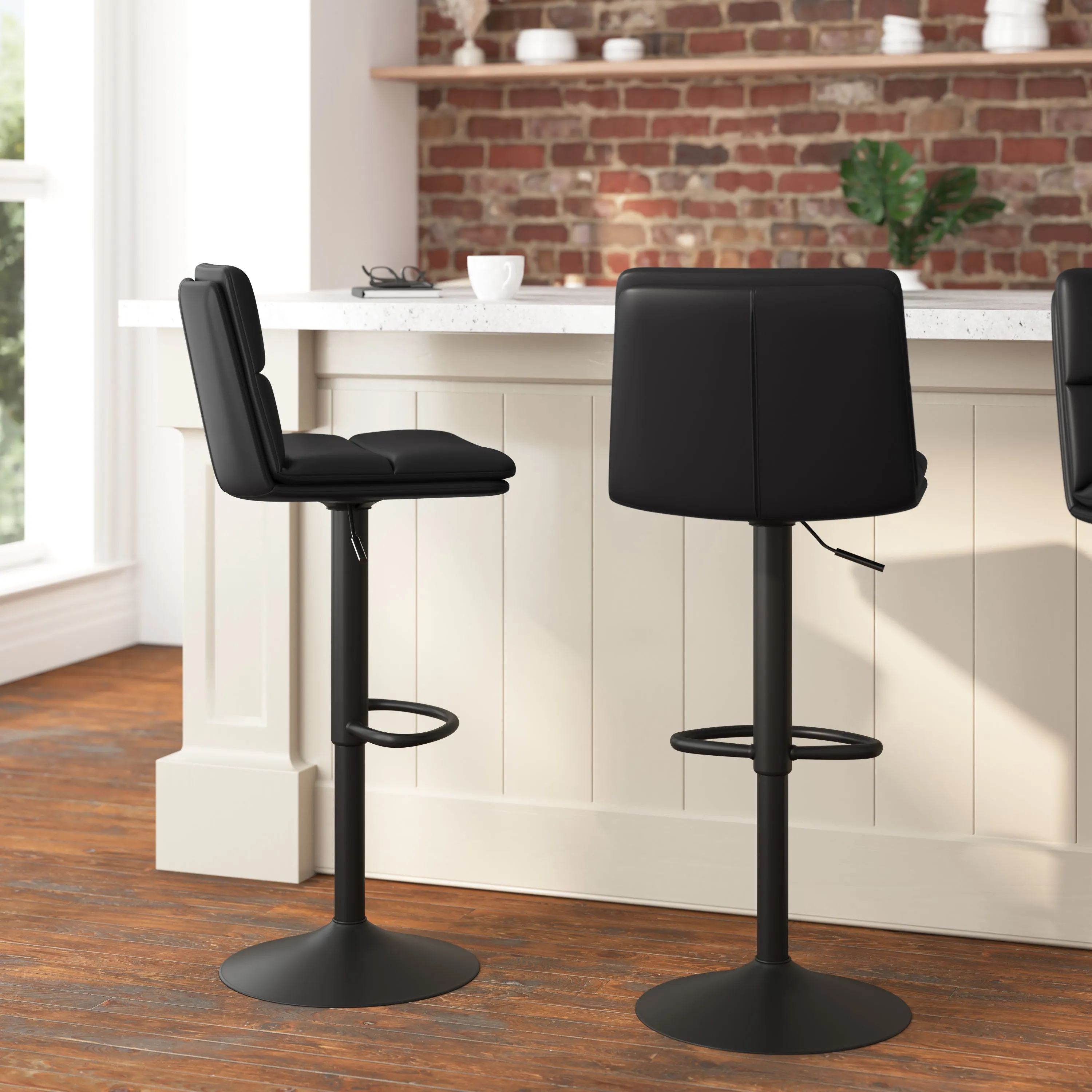 Drummond Set of 2 Modern Adjustable Height Upholstered Channel Stitched Barstools with Pedestal Base