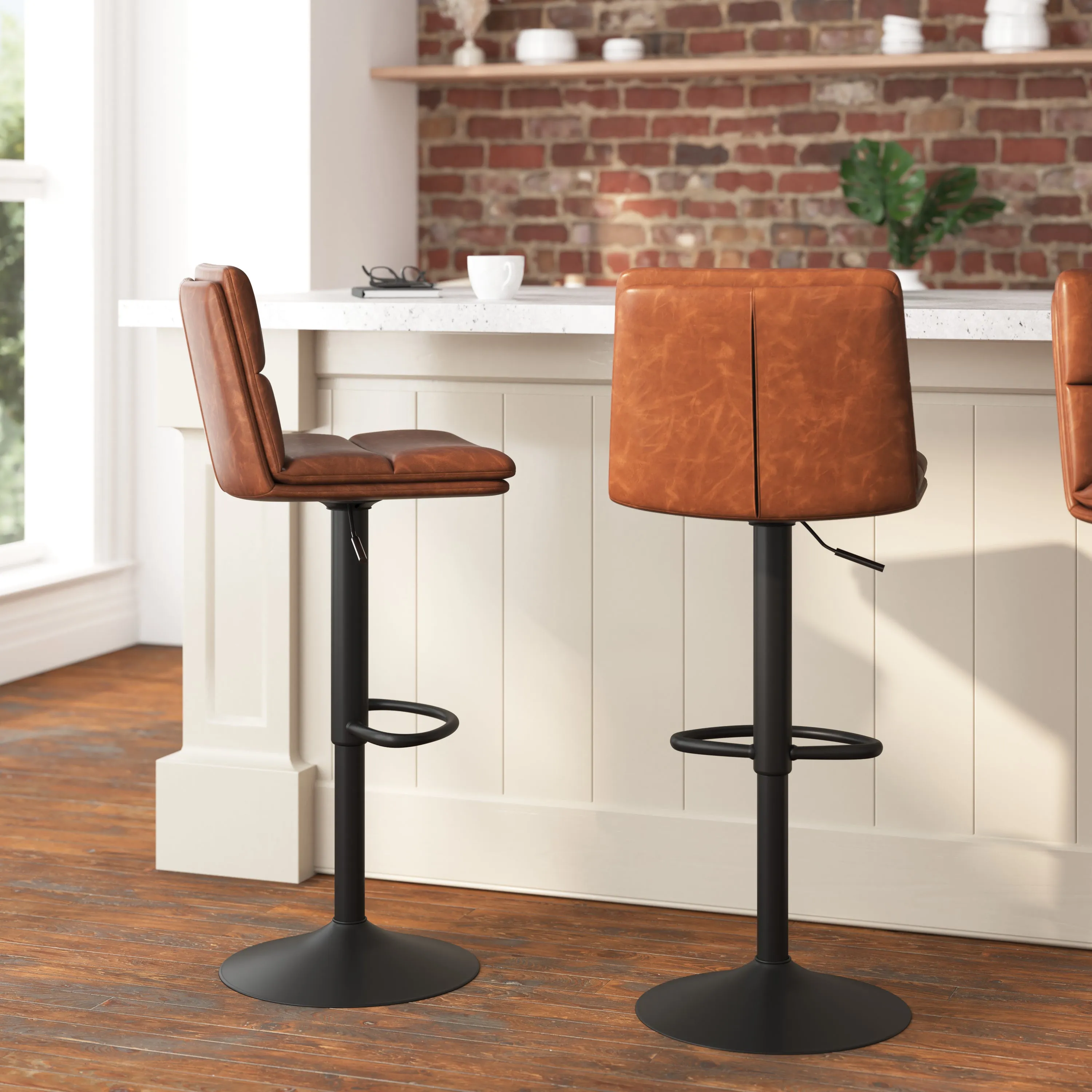 Drummond Set of 2 Modern Adjustable Height Upholstered Channel Stitched Barstools with Pedestal Base