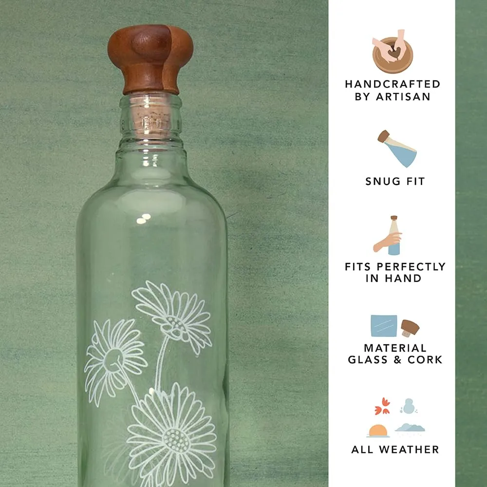 Ellementry Daisy Handcrafted Glass Water Bottle with Cork (750 ML)|Eco- Friendly Glass Water Bottle for Fridge, Home, Office | BPA Free | Sustainable Glass Bottle for Decor and Gifting