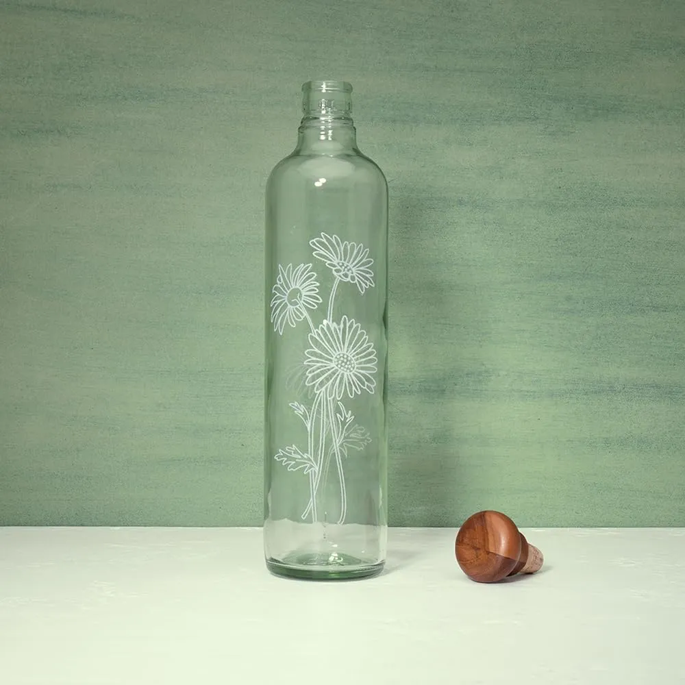 Ellementry Daisy Handcrafted Glass Water Bottle with Cork (750 ML)|Eco- Friendly Glass Water Bottle for Fridge, Home, Office | BPA Free | Sustainable Glass Bottle for Decor and Gifting