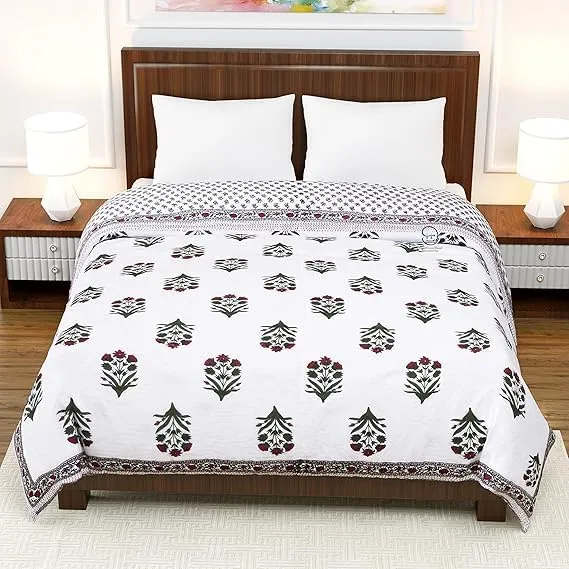 EMIOUR 400 TC Jaipuri Light Weight Pure Cotton Traditional Hand Block Big Flower Print Double Bed Quilt/Razai/Rajai (White & Green, 90 x 105 Inches, Double Bed)