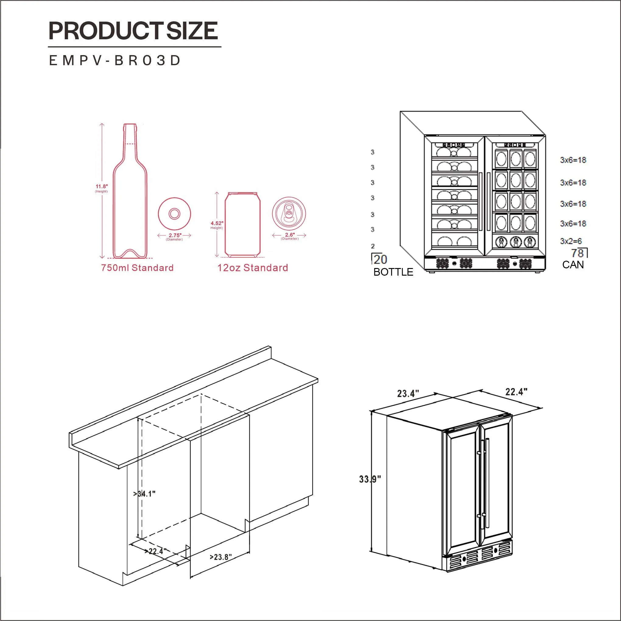 Empava BR03D 24" Dual Zone Wine and Beer Fridge Beverage Cooler