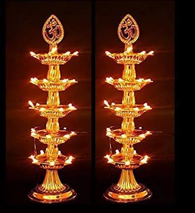 Enamic UK Premium 5 Layer Electric Gold LED Bulb Lights Diya|Deep|Deepak for Pooja|Puja|Mandir| Diwali Festival Decoration||Pack of 2|| Make in India || H-032