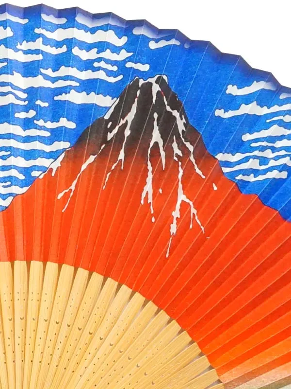 Folding Fan. Double-Sided Design made in Kyoto, Japan. Japanese Hand Fan. "Red-Mt.Fuji & Violent Waves/赤富士.荒波1393"