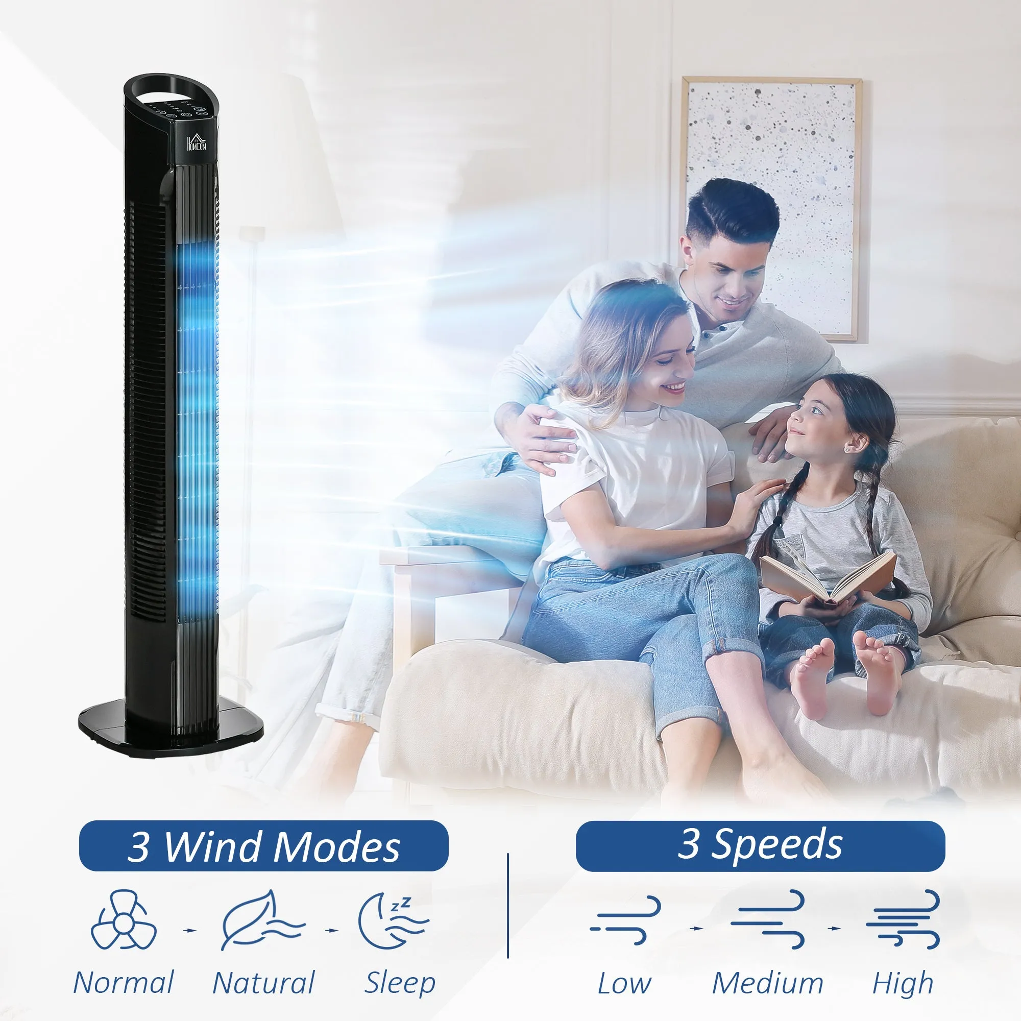 Freestanding Tower Fan, 3 Speed 3 Mode, 7.5h Timer, 70 Degree Oscillation, LED Panel, 5M Remote Controller, Black