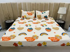 Furnistitchs Soft Glace Cotton Cartoon Prints Kids Elastic Fitted Bedsheets King Size 78 x 72 with 2 Pillow Covers - Kids Room Elastic Bedsheets for Double Bed - Cream Berries