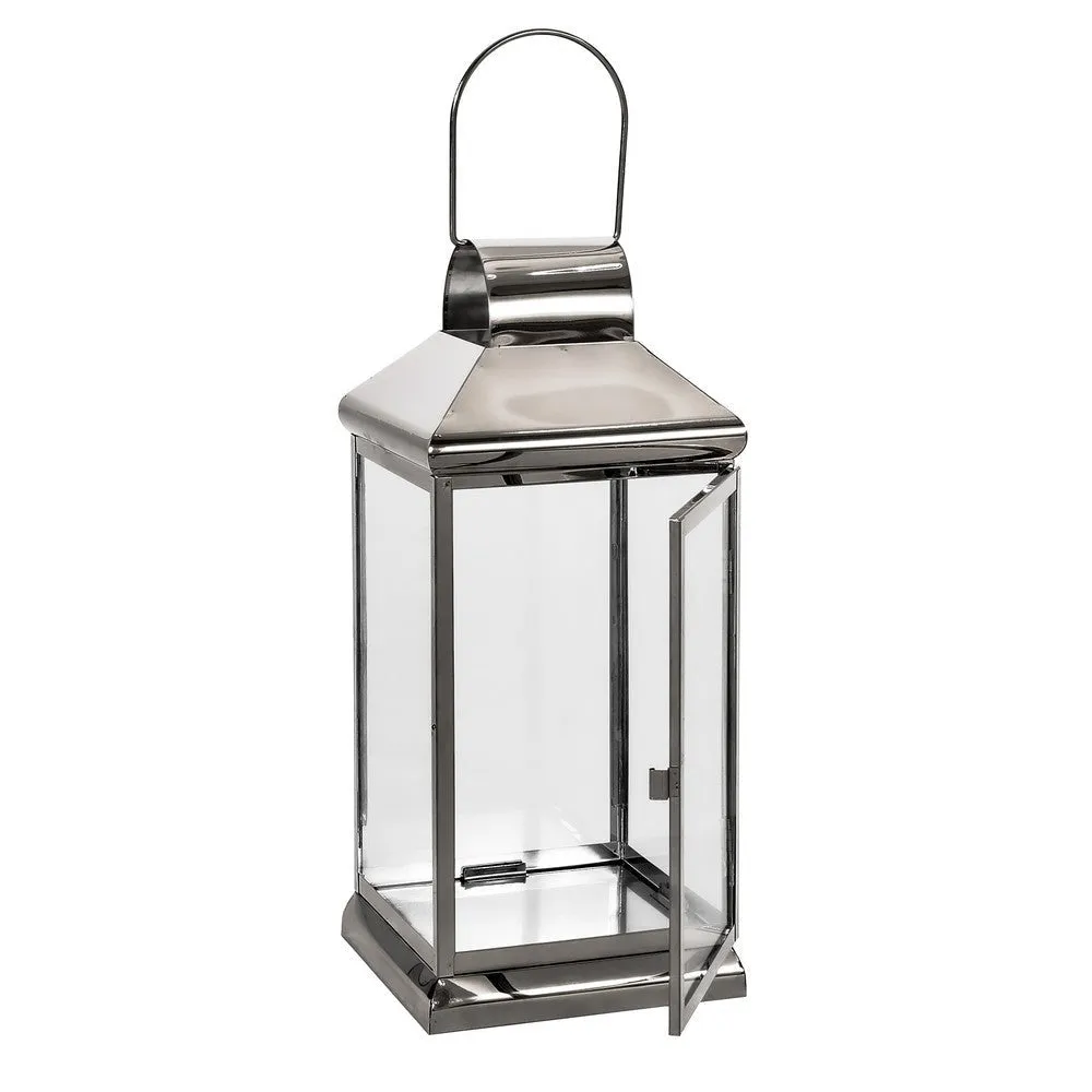 Giana 16 Inch Lantern, Square Silver Stainless Steel Frame, Tempered Glass By Casagear Home