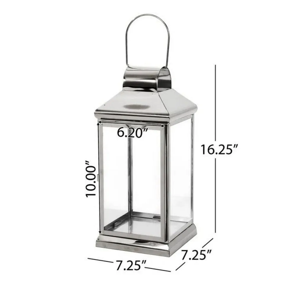 Giana 16 Inch Lantern, Square Silver Stainless Steel Frame, Tempered Glass By Casagear Home