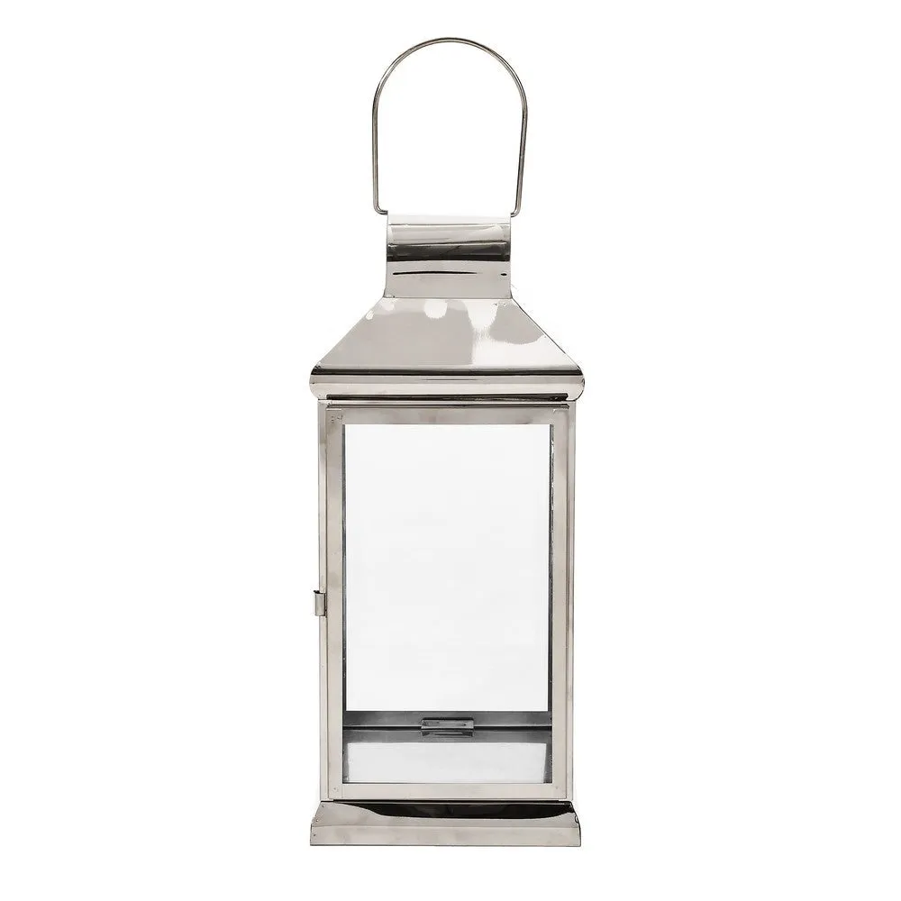 Giana 16 Inch Lantern, Square Silver Stainless Steel Frame, Tempered Glass By Casagear Home