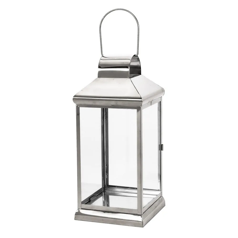 Giana 16 Inch Lantern, Square Silver Stainless Steel Frame, Tempered Glass By Casagear Home