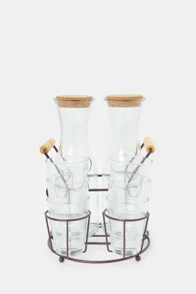 Glass Juice Decnter Set With Metal Stand (9 Piece)