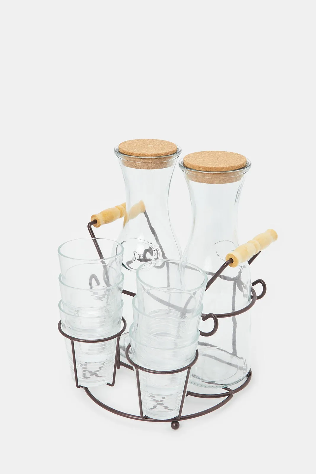 Glass Juice Decnter Set With Metal Stand (9 Piece)