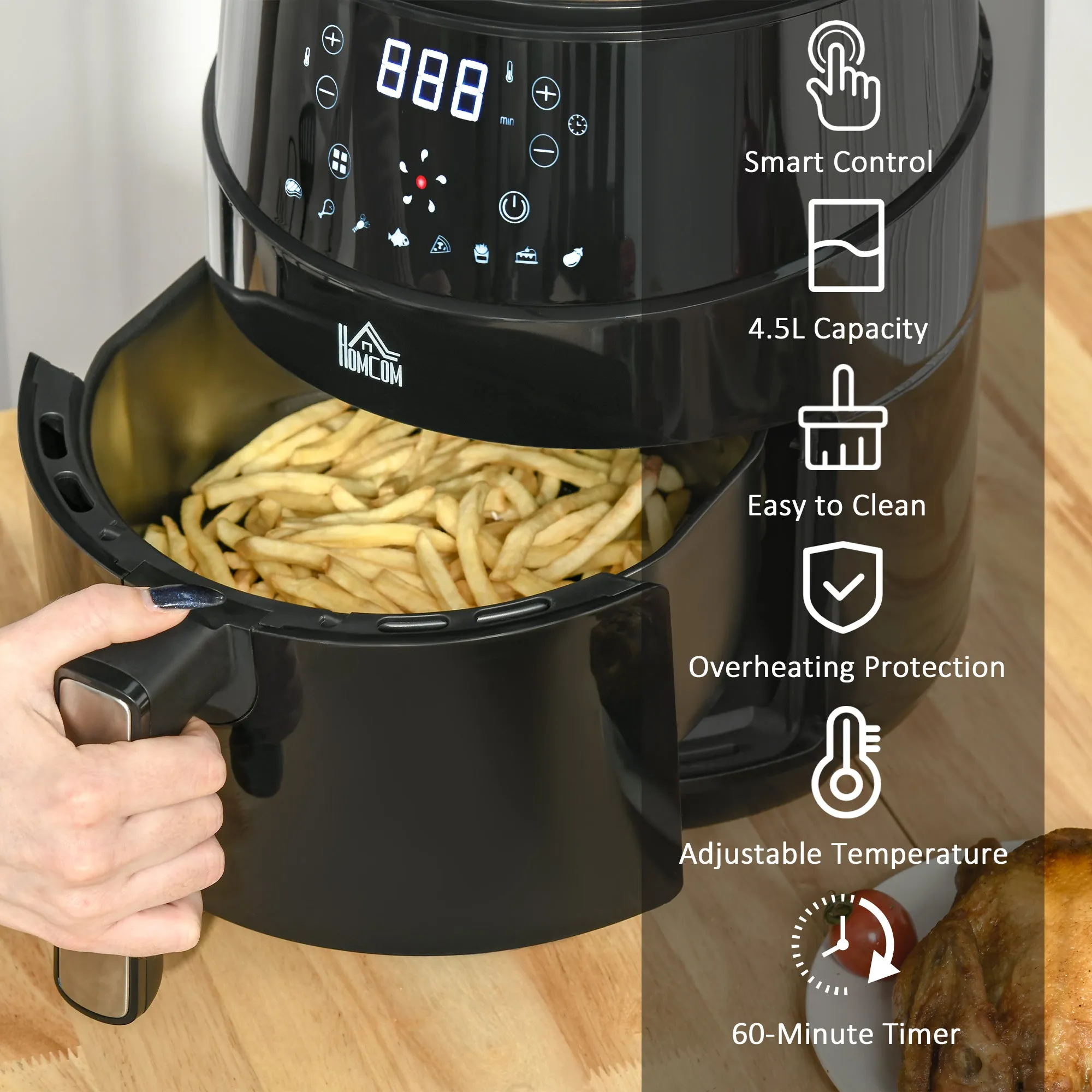 HOMCOM Air Fryer 1500W 4.5L with Digital Display Timer for Low Fat Cooking