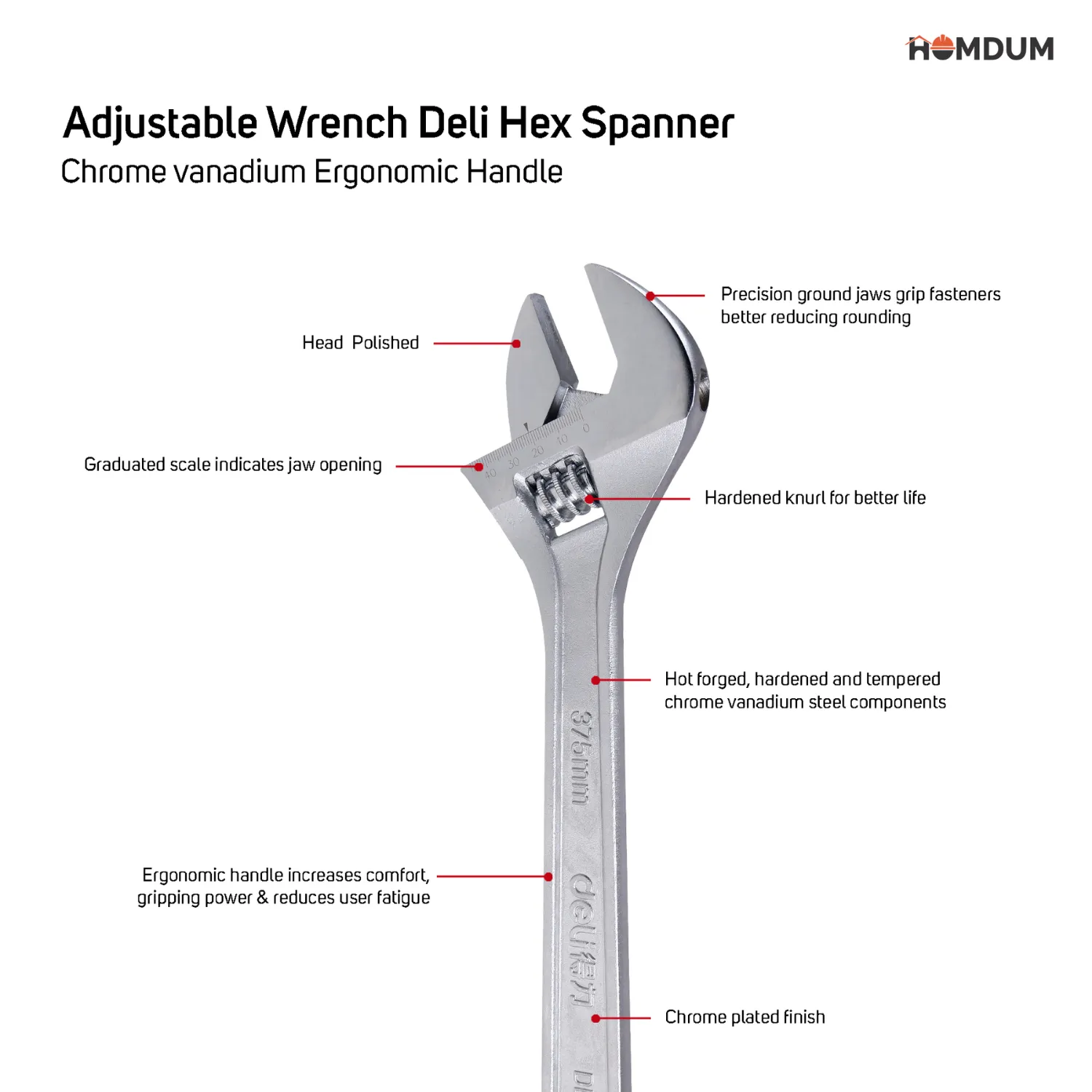 Homdum 15 inch Adjustable Wrench Deli Hex Spanner Chrome vanadium Ergonomic Handle size 450 mm