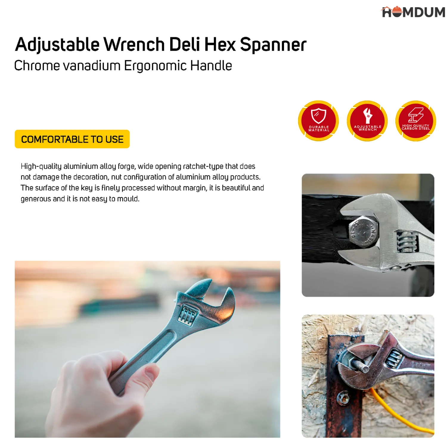 Homdum 15 inch Adjustable Wrench Deli Hex Spanner Chrome vanadium Ergonomic Handle size 450 mm