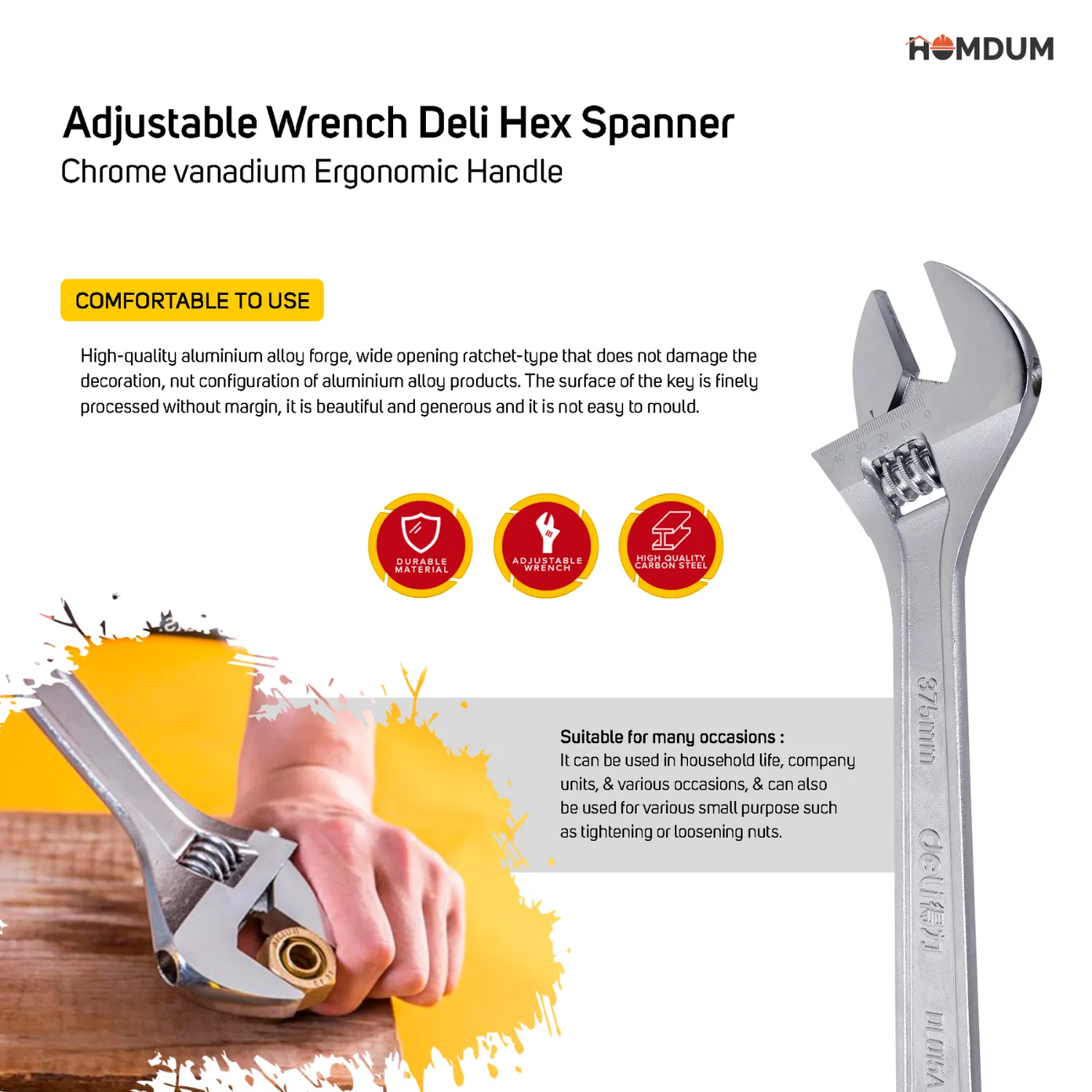 Homdum 15 inch Adjustable Wrench Deli Hex Spanner Chrome vanadium Ergonomic Handle size 450 mm