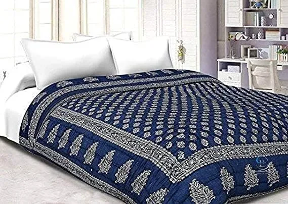 HOMOBITE World Famous Jaipuri Light Weight Pure Cotton Traditional Rajasthani Print Multi Colour Double Bed Quilt/Razai/Rajai (Blue, Double)