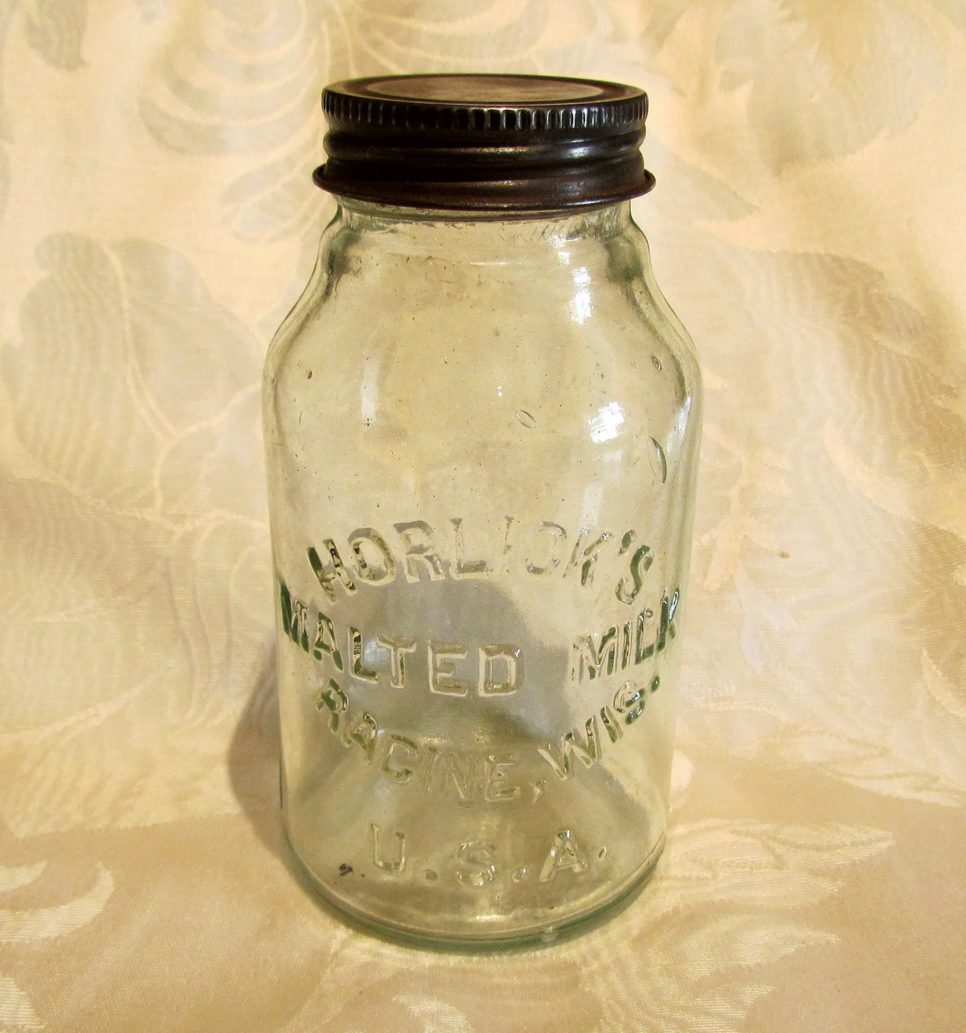 Horlick's Malted Milk Bottle  Antique Mason Jar Glass Storage Canning Jar Racine Wisconsin USA