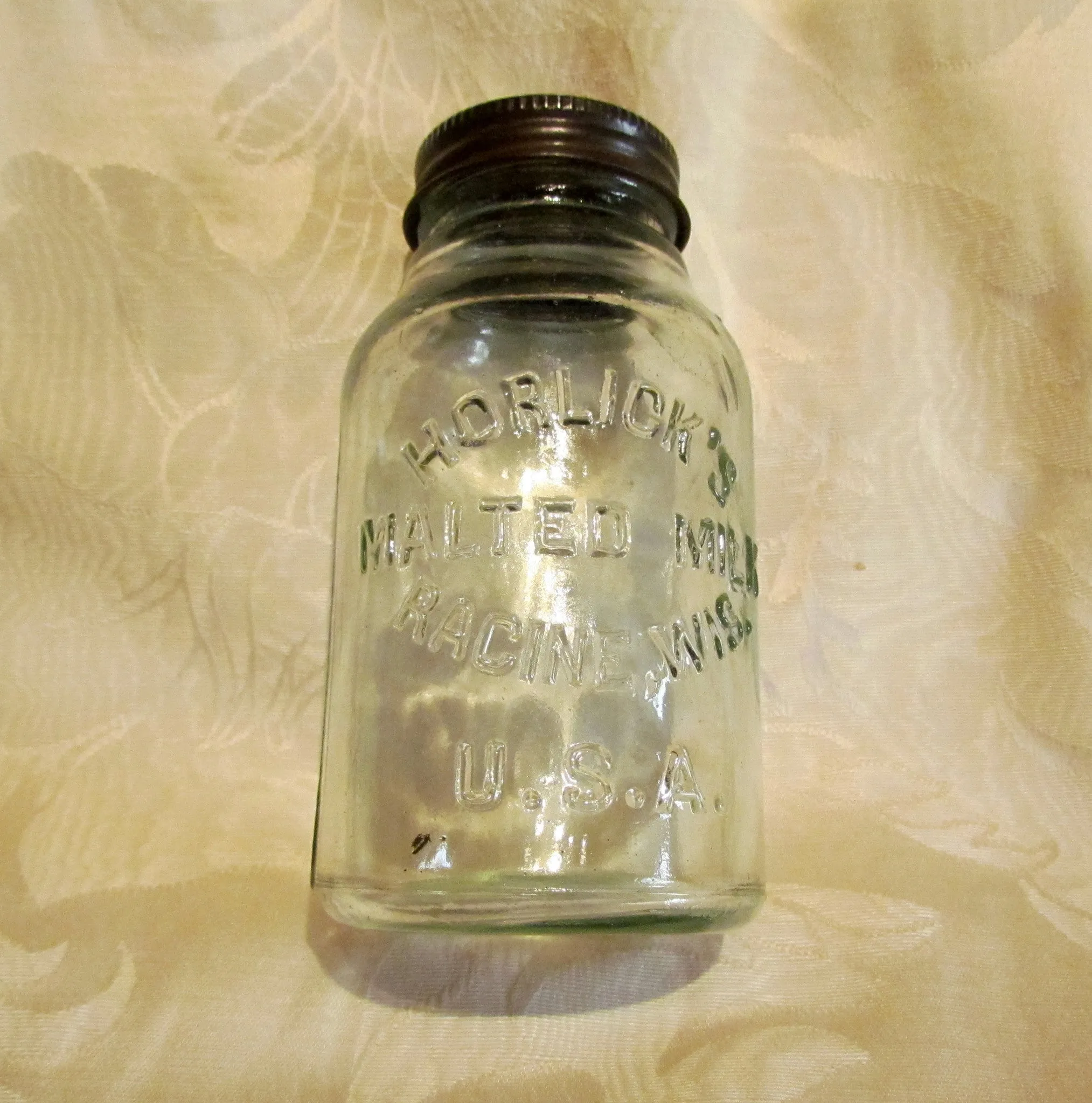 Horlick's Malted Milk Bottle  Antique Mason Jar Glass Storage Canning Jar Racine Wisconsin USA