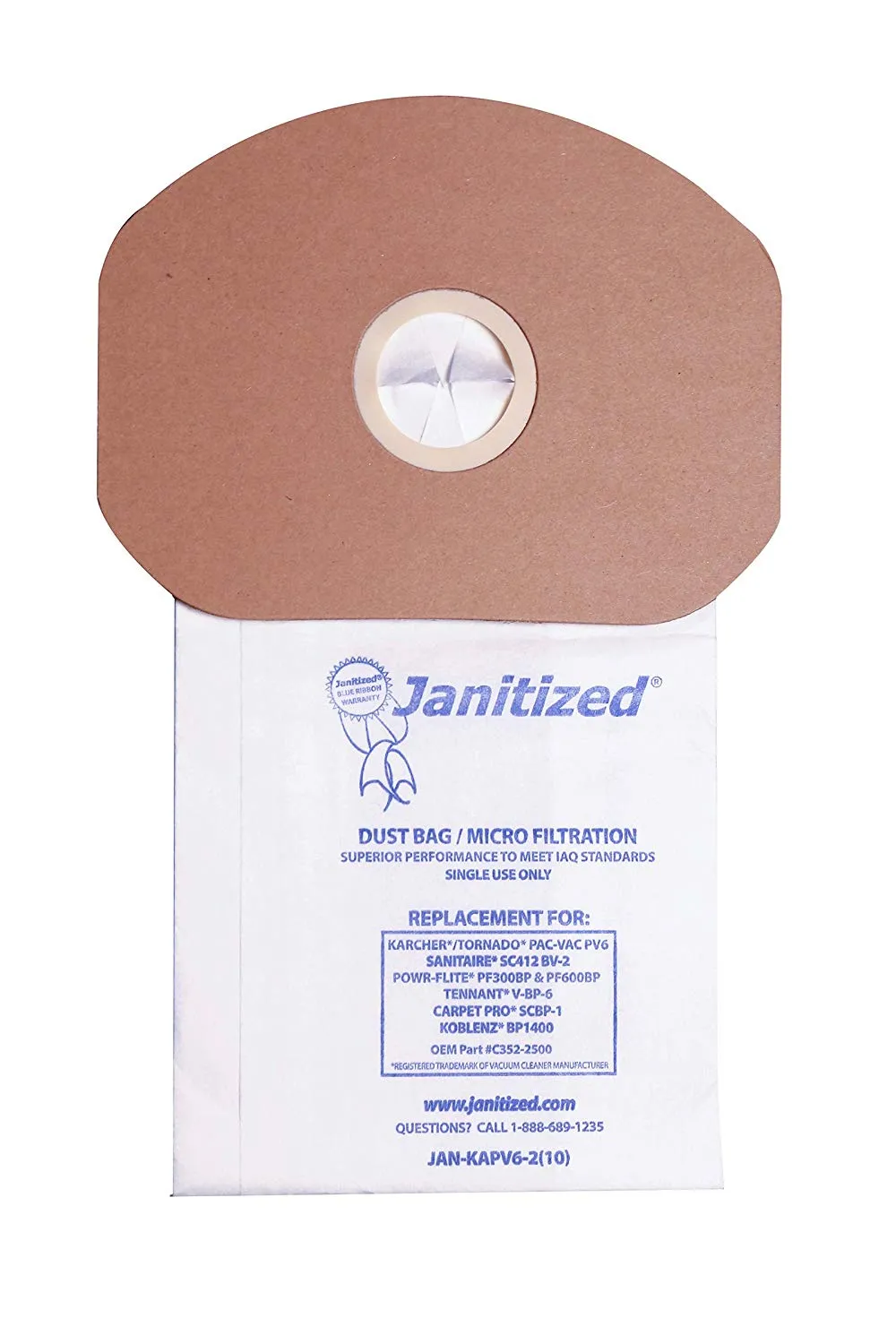 Janitized JAN-KAPV6-2(10) Premium Replacement Vacuum Paper Bag, Sanitaire SC412, KarcherTornado PV6, Cleanmax CMBP-6, Tennant V-BP-6, Power-Flite PF300/600BP, OEM#CMBP-10, C352-2500 (Pack of 10) ( 1 pack )