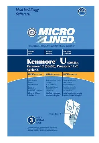 KENMORE 50688 TYPE U BAGS DVC PAPER BAGS MICRO 3/PK MICRO LINED DVC571