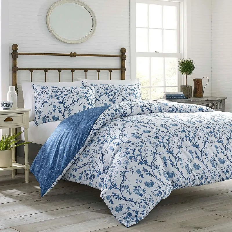 Laura Ashley Elise Cotton Reversible 2 Piece Duvet Cover Set, Twin - Blue