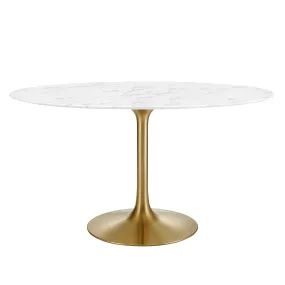 Lippa 	54" Oval Artificial Marble Dining Table Gold White EEI-3235-GLD-WHI