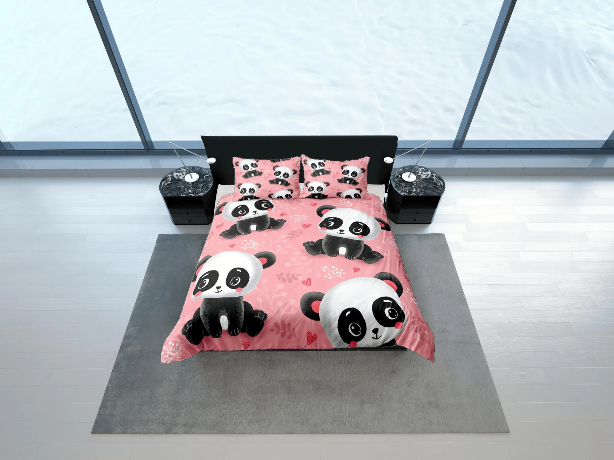 Lovely panda pink duvet cover for kids, bedding set full, king, queen, dorm bedding, toddler bedding, aesthetic bedspread, panda lovers gift