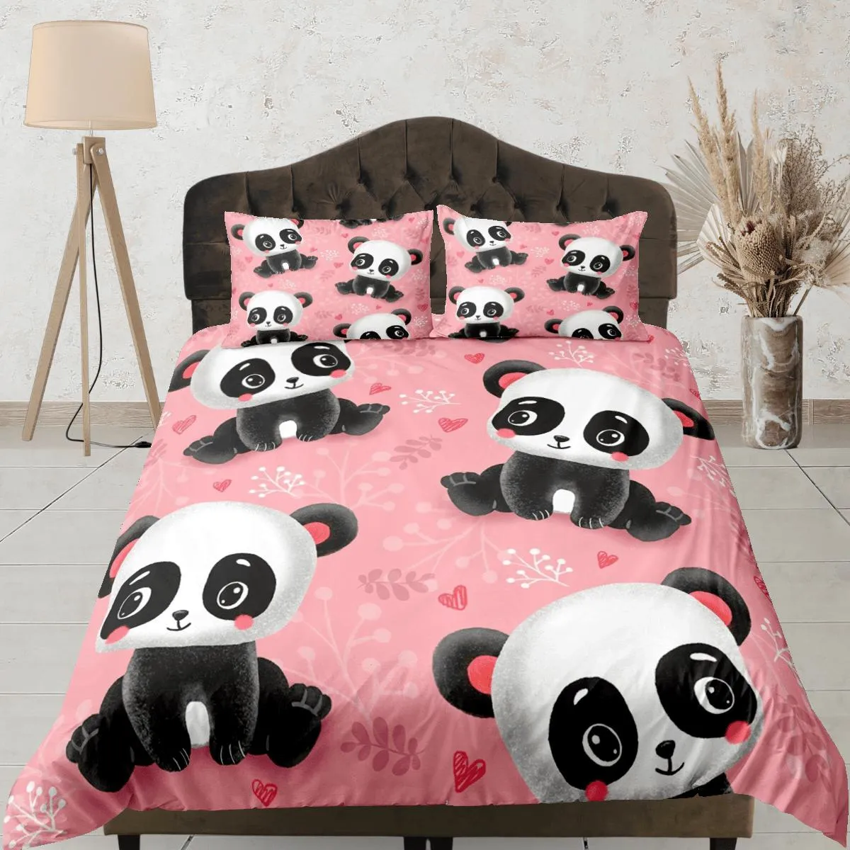 Lovely panda pink duvet cover for kids, bedding set full, king, queen, dorm bedding, toddler bedding, aesthetic bedspread, panda lovers gift