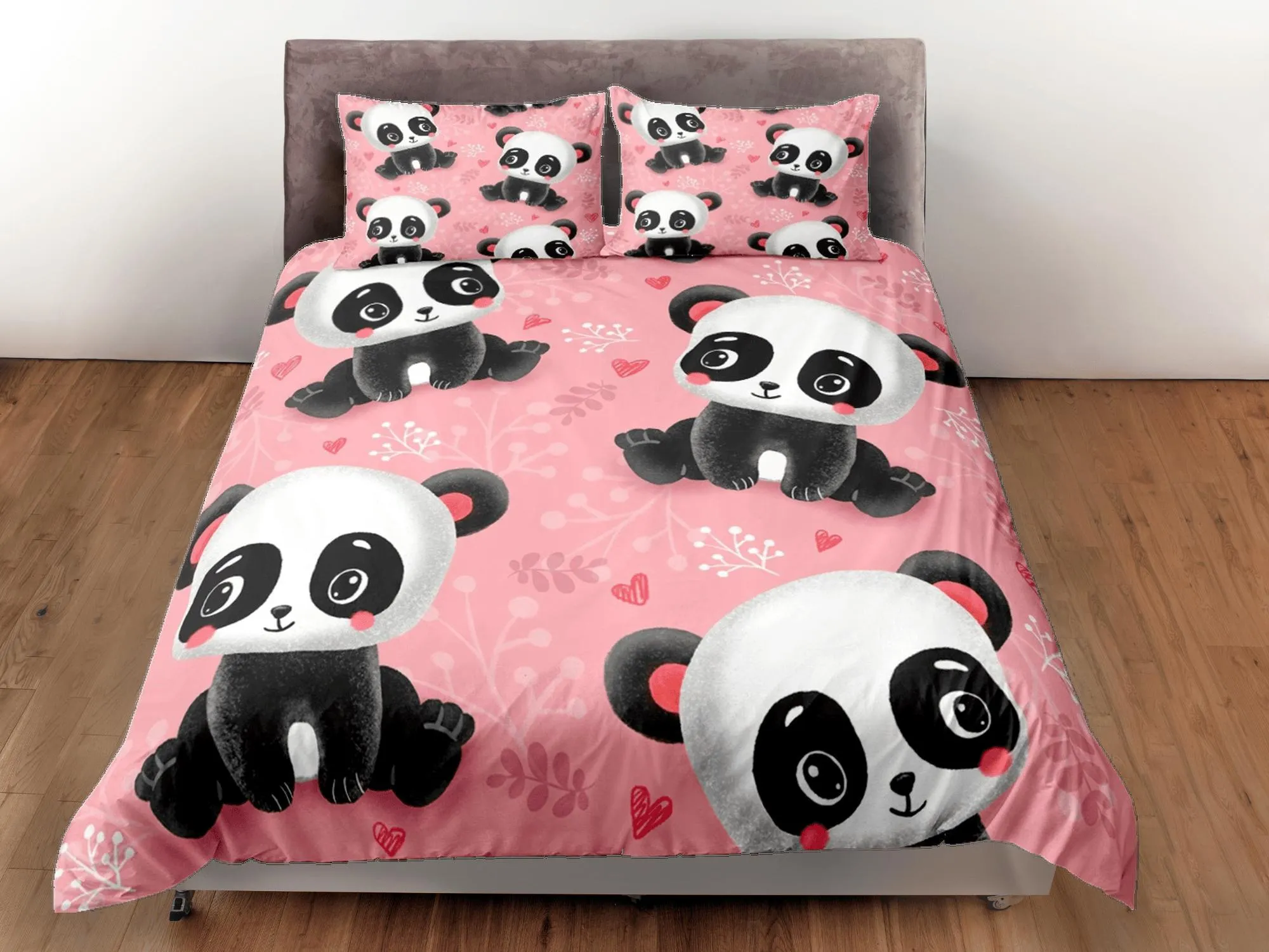 Lovely panda pink duvet cover for kids, bedding set full, king, queen, dorm bedding, toddler bedding, aesthetic bedspread, panda lovers gift