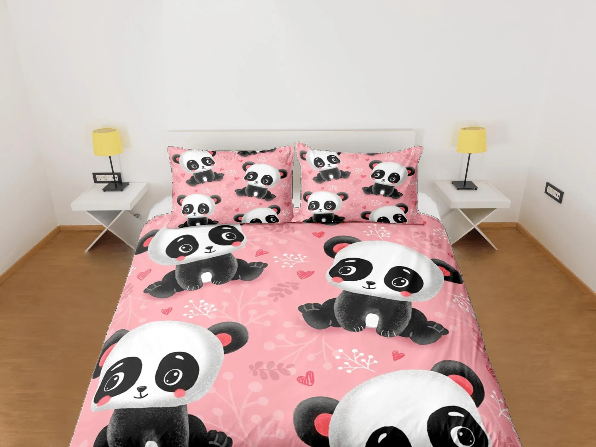 Lovely panda pink duvet cover for kids, bedding set full, king, queen, dorm bedding, toddler bedding, aesthetic bedspread, panda lovers gift