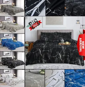 Marble Effect Duvet Cover Complete Bedding Set Fitted Sheet & 2 Pillowcases