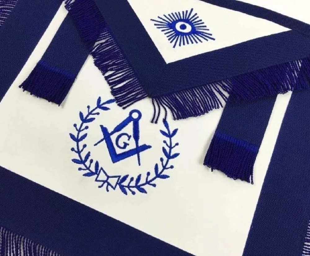 Masonic Blue Lodge Master Mason Apron Machine Embroidery with Fringe Navy