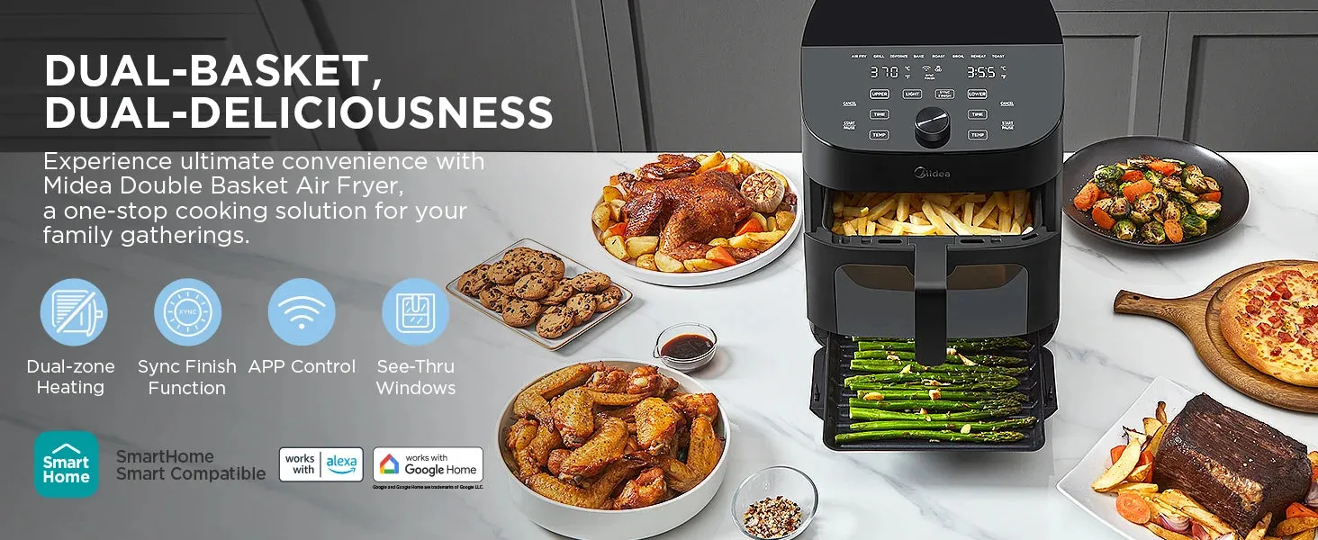 Midea Dual Basket Air Fryer Oven 11 Quart 8 in 1 Functions Clear Window Smart Sync Finish Works with Alexa Wi-Fi Connectivity