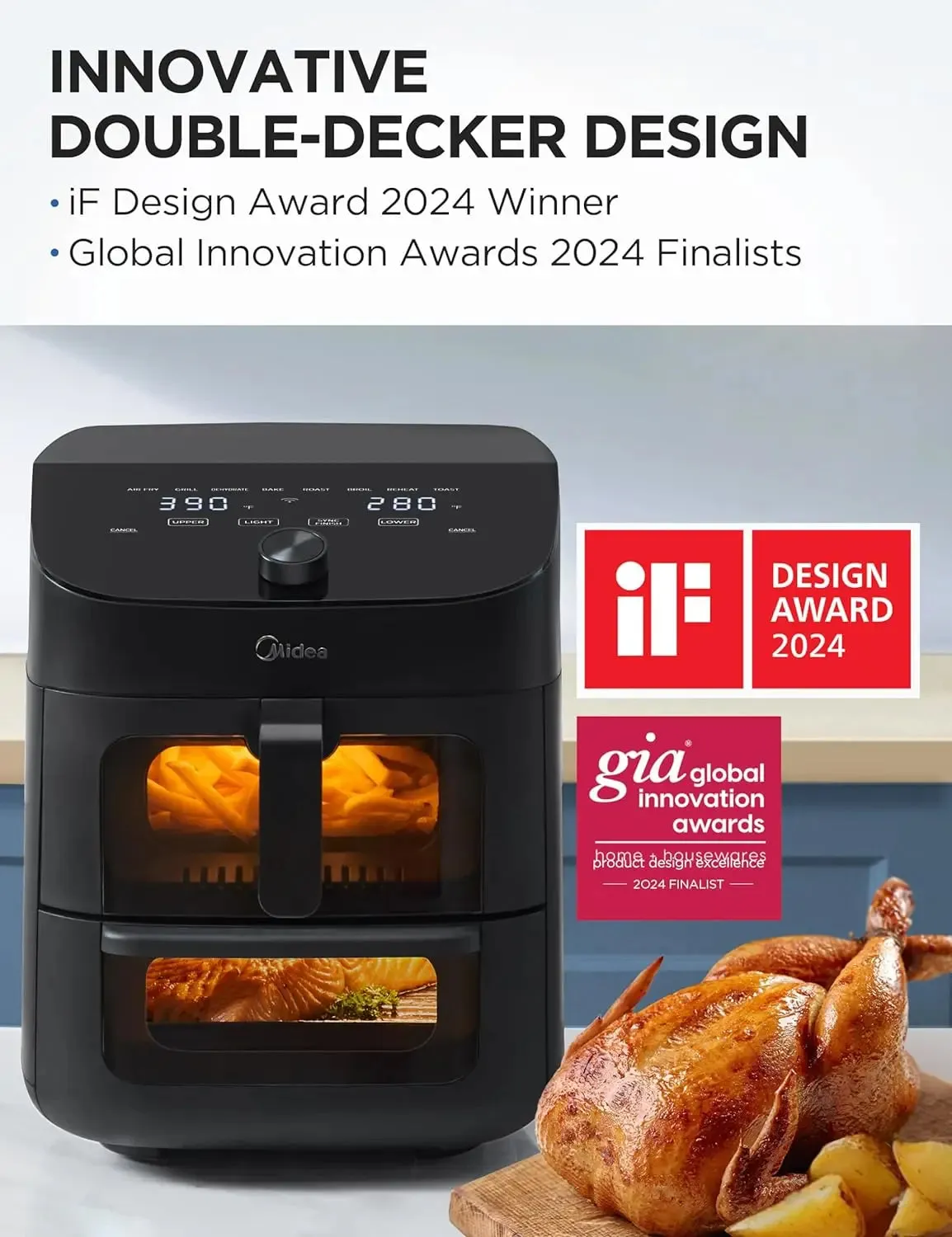 Midea Dual Basket Air Fryer Oven 11 Quart 8 in 1 Functions Clear Window Smart Sync Finish Works with Alexa Wi-Fi Connectivity